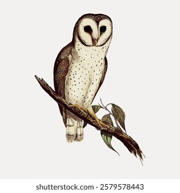 Illustration of a barn owl perched on a branch. The barn owl has a distinctive heart-shaped face. The owl's feathers are detailed, showcasing its natural beauty. Vintage bird illustration vector.