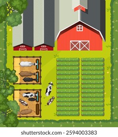 Illustration of barns, fields, and grazing animals