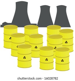 Illustration of barrels with nuclear waste in front of a nuclear power plant