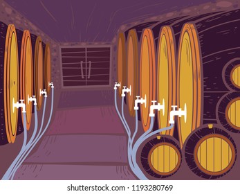 Illustration of Barrels of Wine in the Cellar with Faucets