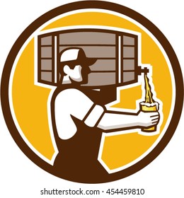 Illustration of bartender carrying keg on shoulder pouring beer from keg viewed from the side set inside circle done in retro style. 