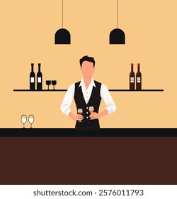 Illustration of a bartender in a well-designed bar setting, holding drinks, symbolizing hospitality, nightlife, and mixology expertise