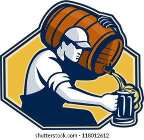 Illustration of a bartender worker with carrying beer barrel keg on shoulder pouring beer into glass mug.