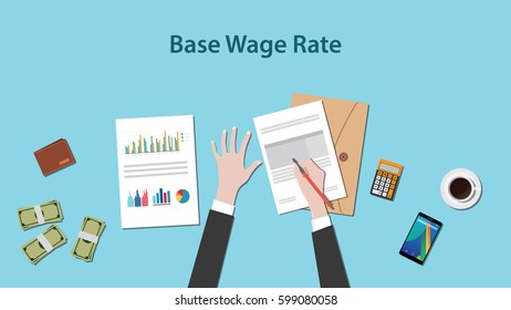 Illustration of base wage rate with a man writing on a paperwork with money and calculator on top of table