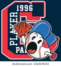 Illustration of baseball ball with character or mascot style with cap and gloves, Text " Best Player Play Off and number 1996 " fun background in sport tones, college style number or letter in backgro