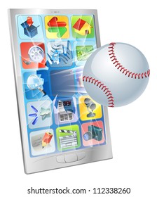 Illustration of a baseball ball flying out of a broken cell phone screen
