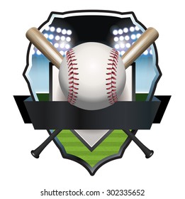 An illustration of a baseball, bat, and field badge template. Vector EPS 10 available. EPS file contains transparencies and gradient mesh.