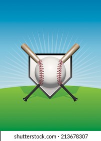 An Illustration Of A Baseball, Bats, And Home Plate Against A Skyline Background. Vector EPS 10. EPS Contains Transparencies And Gradient Mesh.