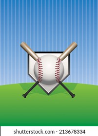 An Illustration Of A Baseball, Bats, And Home Plate Against A Pin Stripe Background. Vector EPS 10. EPS Contains Transparencies And Gradient Mesh.