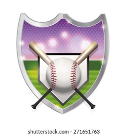 An Illustration Of A Baseball, Bats, Home Plate, And Baseball Field Inside An Emblem. Vector EPS 10. EPS File Is Layered And Contains Transparencies And Gradient Mesh.