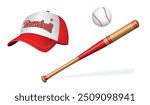An illustration of a baseball cap, bat, and ball. The baseball cap is predominantly red and white, featuring the word "Baseball" in bold, stylish letters. The wooden bat has a red handle with red 
