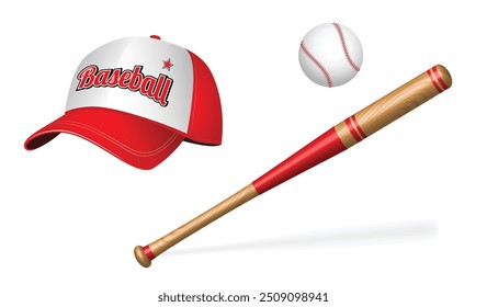 An illustration of a baseball cap, bat, and ball. The baseball cap is predominantly red and white, featuring the word 