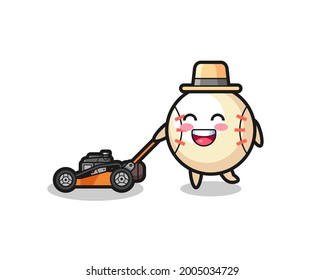 illustration of the baseball character using lawn mower , cute style design for t shirt, sticker, logo element