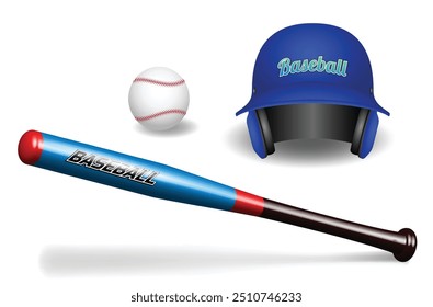 An illustration of baseball equipment, including a blue baseball helmet, a white baseball, and a blue and red baseball bat. The image is designed with a sleek, modern style, ideal for sports-related