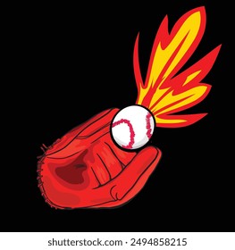 Illustration of a baseball glove catching a flaming baseball, leaving a trail of fire. Perfect for sports or competition concepts