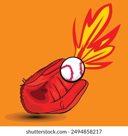 Illustration of a baseball glove catching a flaming baseball, leaving a trail of fire. Perfect for sports or competition concepts