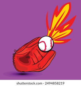 Illustration of a baseball glove catching a flaming baseball, leaving a trail of fire. Perfect for sports or competition concepts