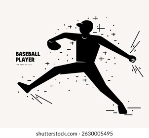 illustration of a baseball pitcher. Stylized silhouette style for your design. Black print on white background