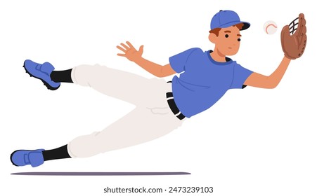 Illustration Of A Baseball Player In Action, Diving To Catch A Ball With His Glove. Fielder Player Is Dressed In A Blue Uniform And White Pants, Demonstrating Agility And Determination In Defense