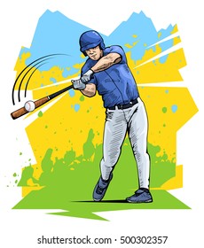 Vector Illustration Baseball Player Silhouette Hitting Ball Summer