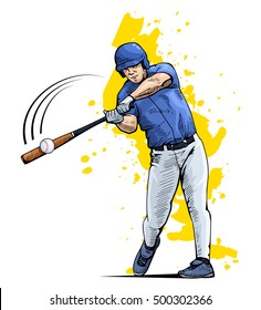 Ilustración de un jugador de béisbol con un murciélago golpeando la pelota. Hermoso afiche temático deportivo. Juego de equipo, deportes de verano, bateador de béisbol. Ilustración del vector