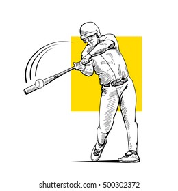Illustration of a baseball player with bat hitting the ball. Beautiful sport themed poster. Team game, summer sports, baseball batter, line drawing. Vector illustration