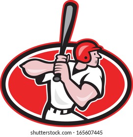 Illustration of a baseball player batter hitter batting with bat inside oval shape done in cartoon style isolated on white background.