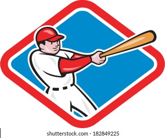 Illustration of a baseball player batting set inside diamond shape on isolated background done in cartoon style.