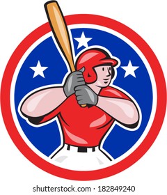 Illustration of a baseball player batting set inside circle shape with stars on isolated background done in cartoon style.