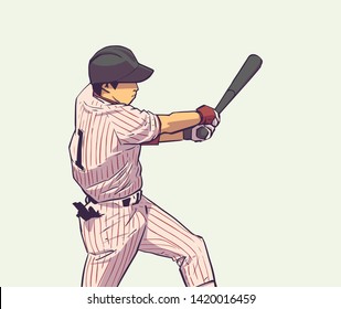 Illustration of baseball player striking with bat during game