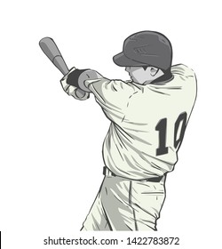 Illustration of baseball player striking with bat during game