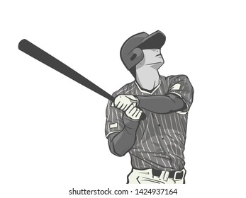 Illustration of baseball player striking with bat during game