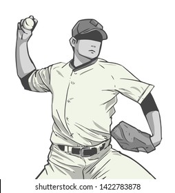 Illustration of baseball player throwing ball during game