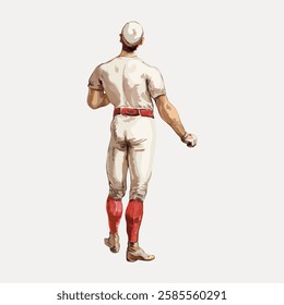 Illustration of a baseball player in vintage uniform, holding a ball. The player is wearing a cap, red socks, and a red belt, facing away from the viewer. Vintage art illustration, vector.