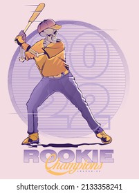 Illustration of baseball player, wearing cap holding bat.