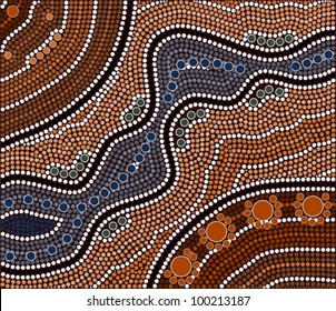 A illustration based on aboriginal style of dot painting depicting river
