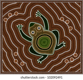 A illustration based on aboriginal style of dot painting depicting toad