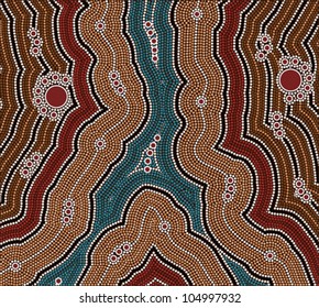 A illustration based on aboriginal style of dot painting depicting afternoon