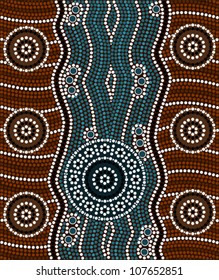 A illustration based on aboriginal style of dot painting depicting river