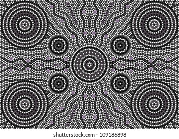 A illustration based on aboriginal style of dot painting depicting at night