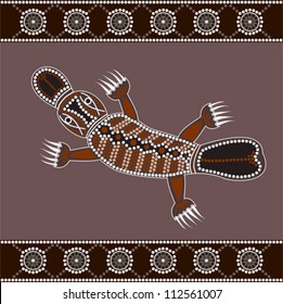 A illustration based on aboriginal style of dot painting depicting Platypus