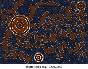 A illustration based on aboriginal style of dot painting depicting tortuous path