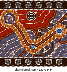 A illustration based on aboriginal style of dot painting depicting opposites