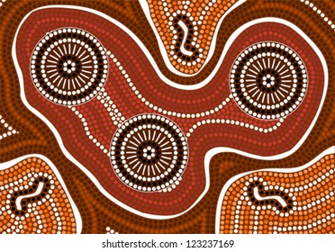 A illustration based on aboriginal style of dot painting depicting 3 of a kind