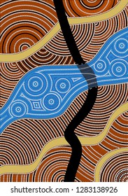 An illustration based on aboriginal style of dot painting depicting a flooded road in the wet season