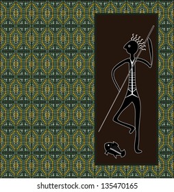 A illustration based on aboriginal style of dot painting depicting hunter