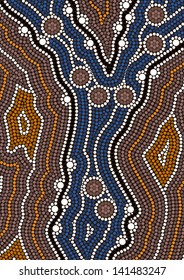 A illustration based on aboriginal style of dot painting depicting ford