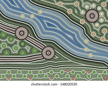 A illustration based on aboriginal style of dot painting depicting cultures