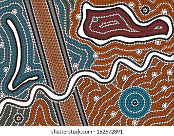 A illustration based on aboriginal style of dot painting depicting flooding road