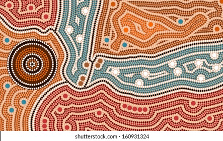 A illustration based on aboriginal style of dot painting depicting landscape after settlement